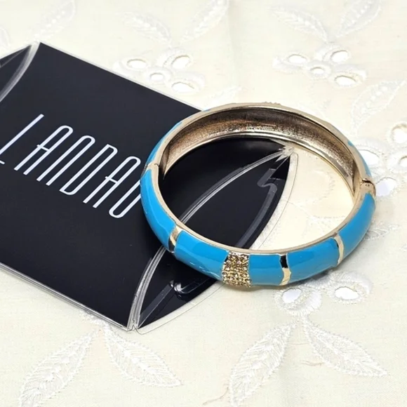 LANDAU Gold Clear Rhinestone and Blue Hinged Bangle Bracelet - Picture 2 of 5